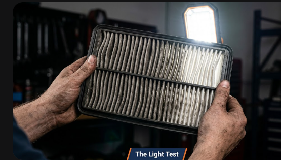 Mechanic performing a light test on a dirty engine air filter
