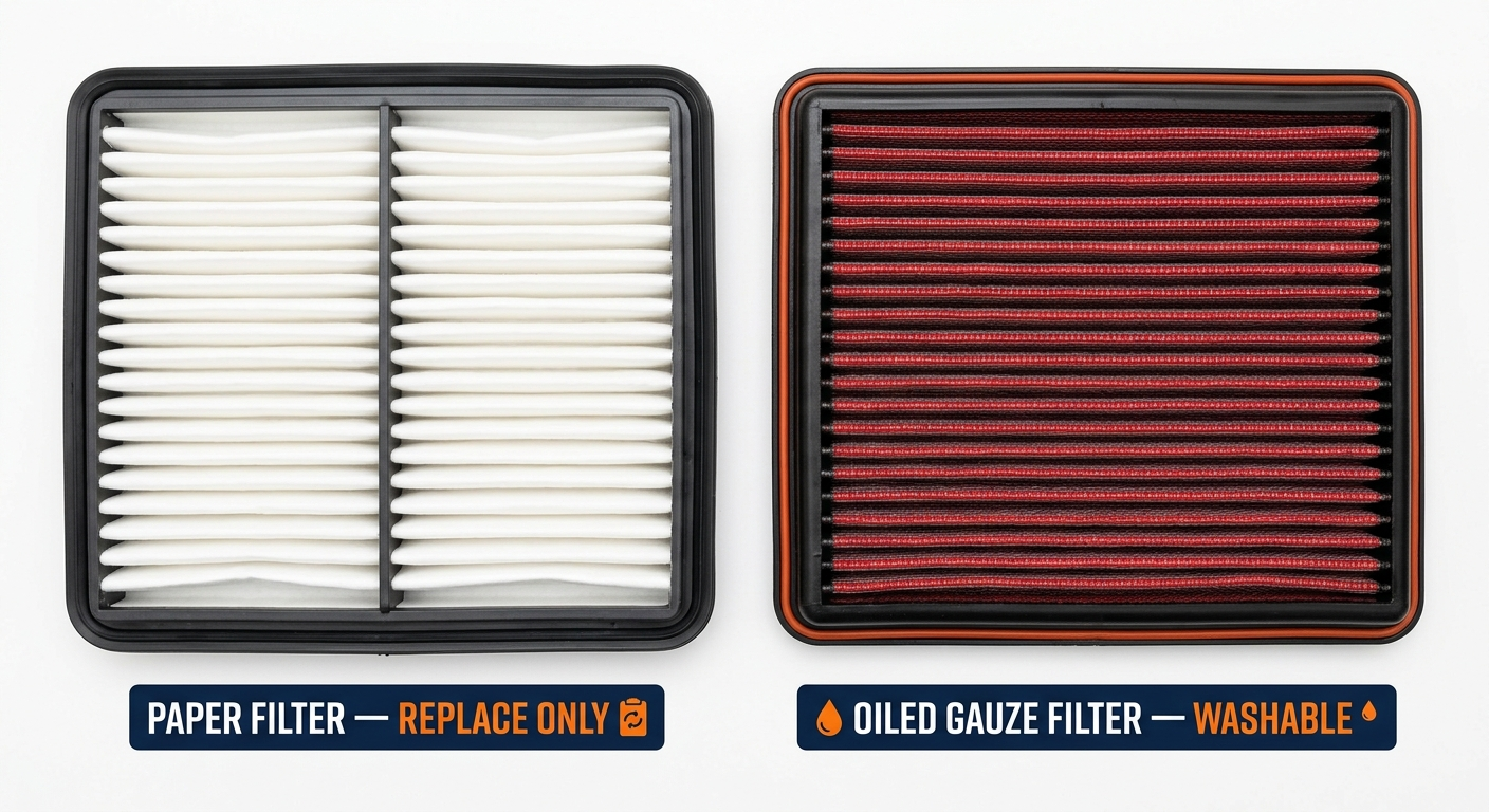 Comparison between a replaceable paper filter and a washable oiled gauze filter