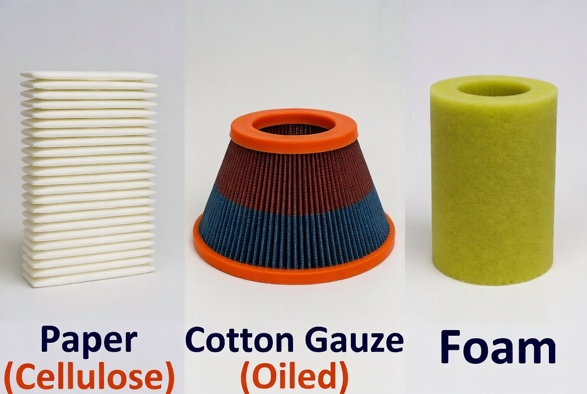 Three common engine air filter material types: paper cellulose, oiled cotton gauze, and foam