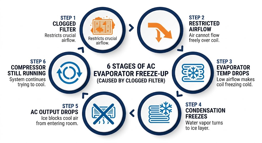 Diagram showing six stages of AC evaporator freeze-up from a clogged filter