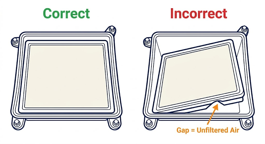 Correct versus incorrect installation of an engine air filter showing a dangerous gap