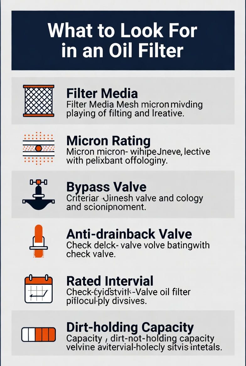 Infographic listing six key features to look for in an oil filter
