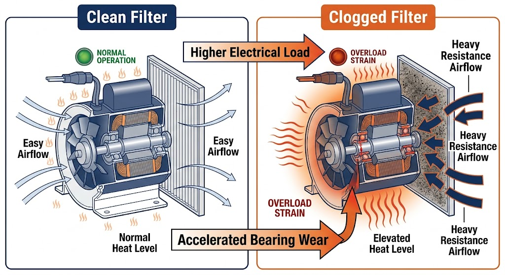 Diagram comparing blower motor strain with clean vs clogged filter