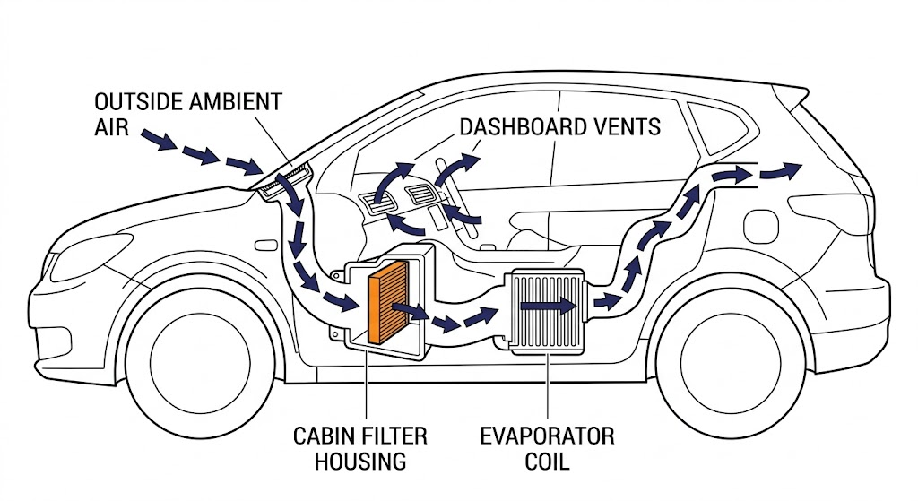 Diagram showing airflow from outside air through cabin filter to evaporator coil