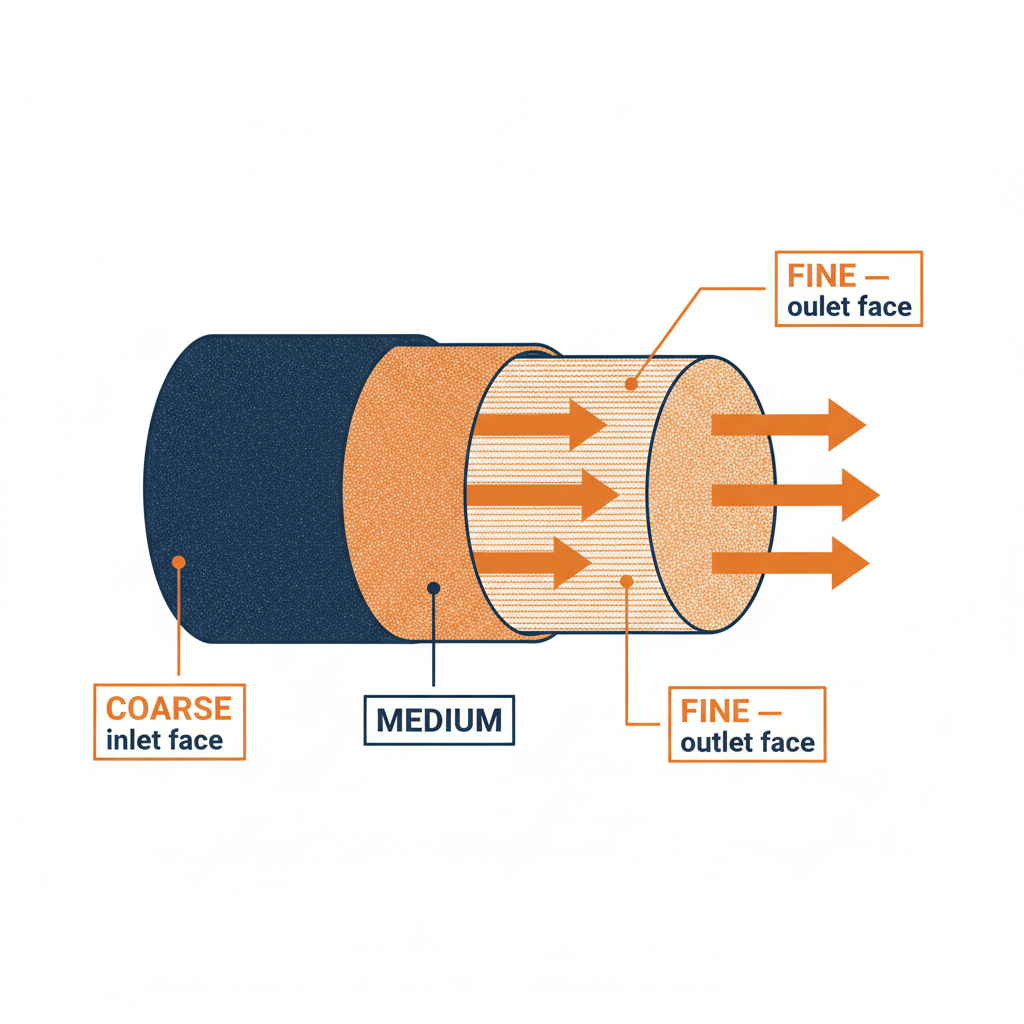 Diagram of multi-layer filtration media showing fluid flowing through coarse, medium, and fine layers.