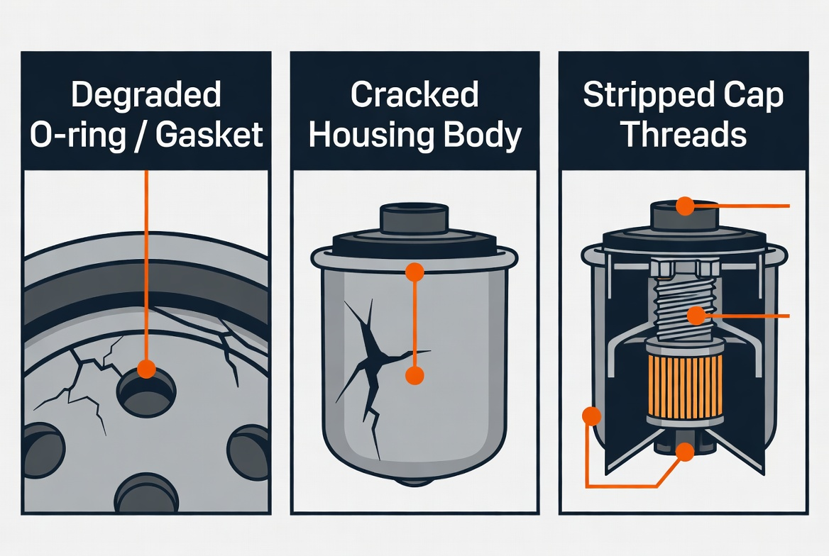 Diagram showing three filter issues: degraded O-ring, cracked housing body, and stripped cap threads