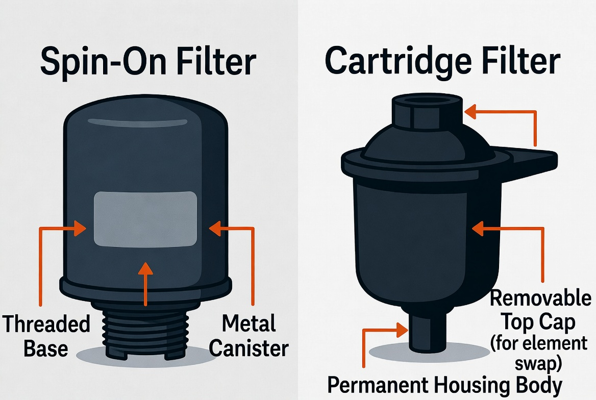 Diagram comparing a "Spin-On Filter" with a metal canister and a "Cartridge Filter" with permanent housing