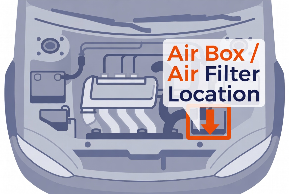 Engine bay diagram pointing out the typical air box and air filter location