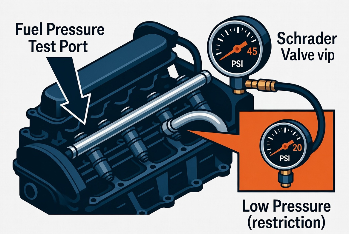 An automotive infographic showing a fuel pressure test port on an engine rail with a gauge reading 45 PSI, contrasted with an inset gauge showing a low pressure reading of 20 PSI due to a restriction.