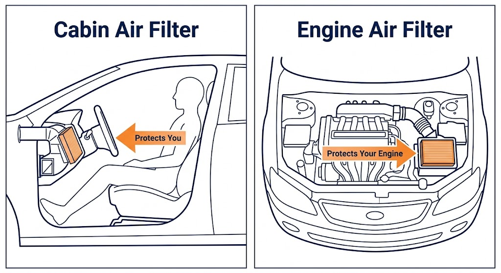 Diagram showing differences between a cabin air filter vs engine air filter