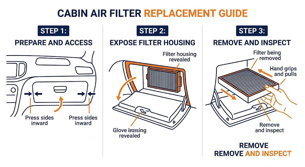 Three-step illustrated replacement guide for a car cabin air filter