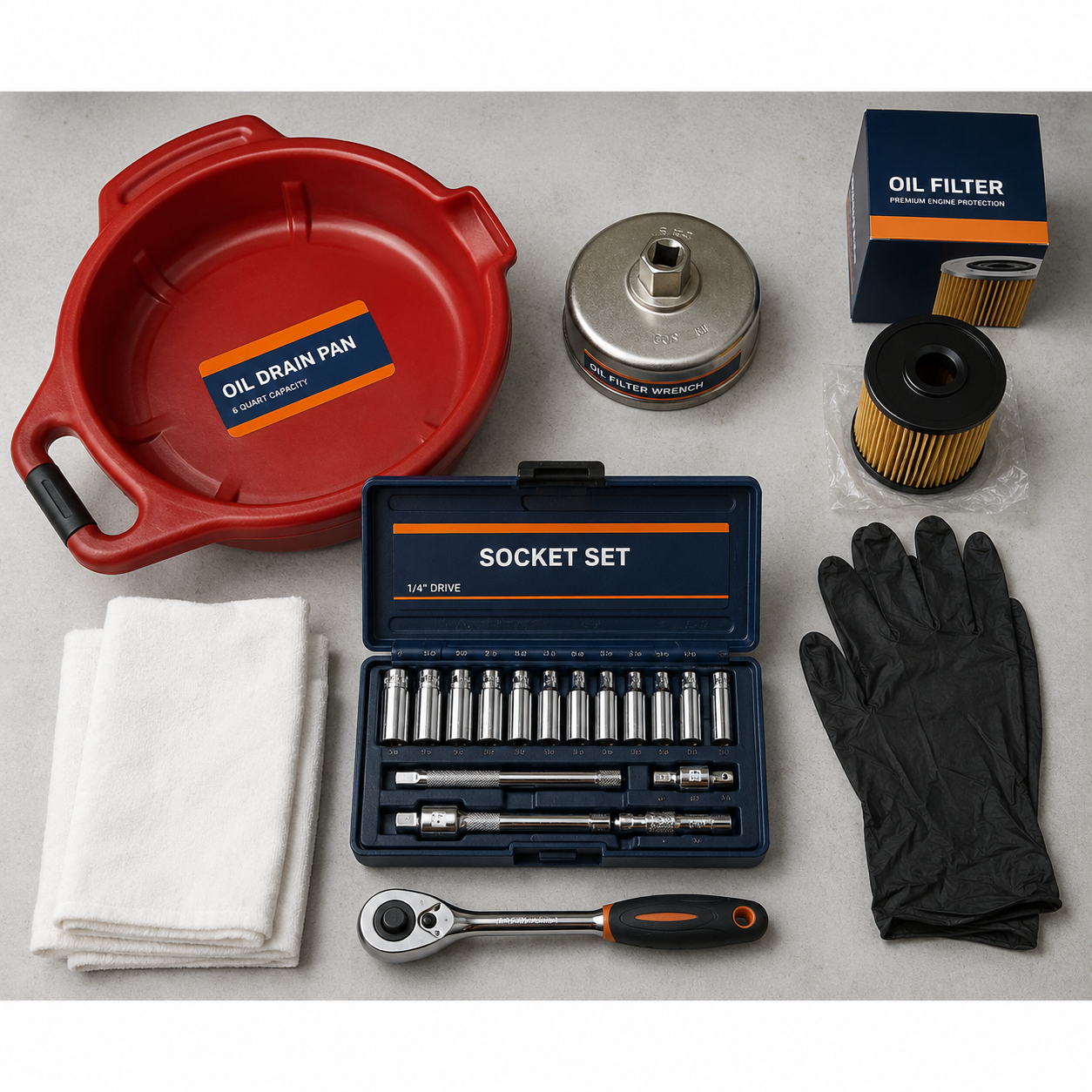 Flat lay of oil change tools including an oil drain pan, socket set, cap-style oil filter wrench, new filter, gloves, and rags.
