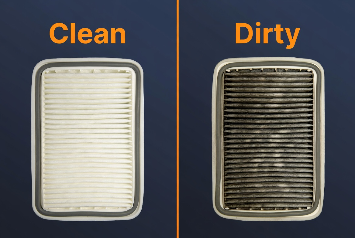 A side-by-side comparison of a clean and dirty engine air filter