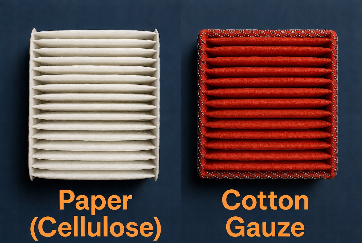 Visual comparison of a paper cellulose air filter element and a cotton gauze element