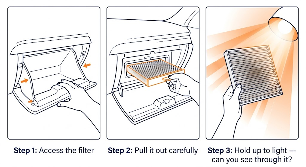 Three-step guide for accessing, removing, and inspecting a cabin air filter