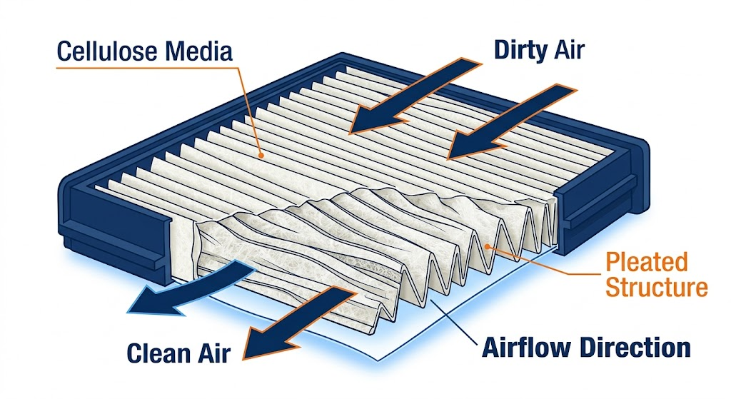 Cross-section diagram of a fuel filter trapping dirt, rust, and water