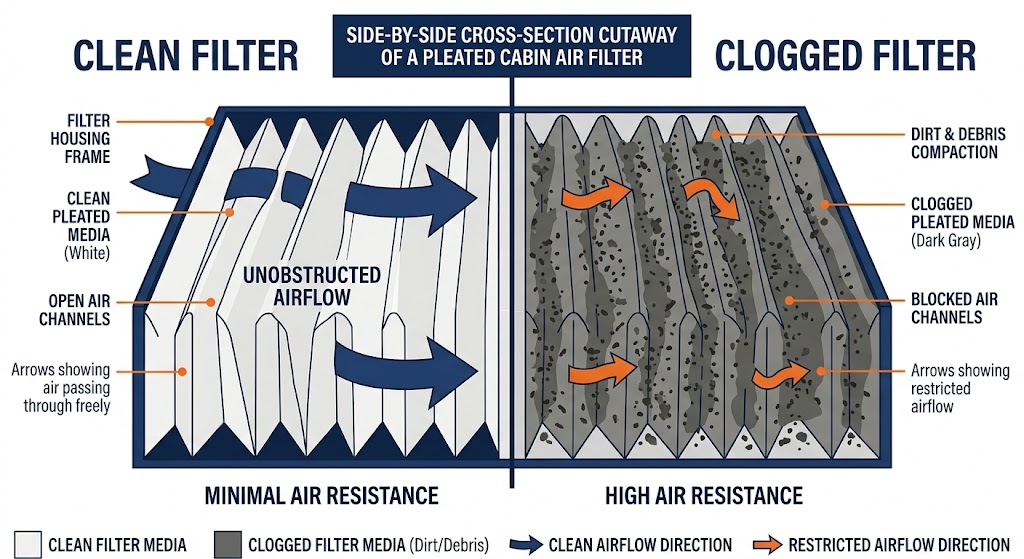 Cross-section diagram comparing clean vs clogged pleated cabin air filters