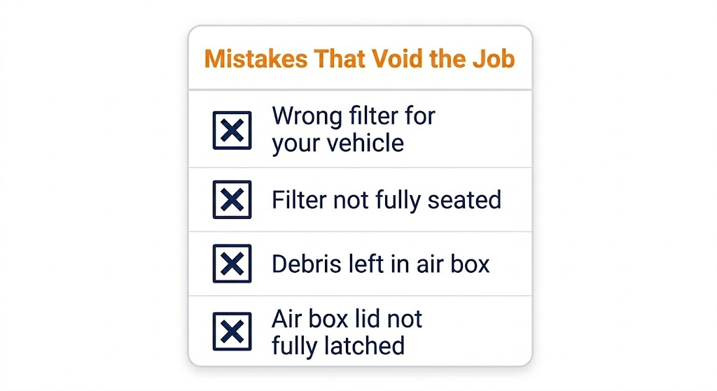 Checklist infographic highlighting common mistakes when replacing an engine air filter