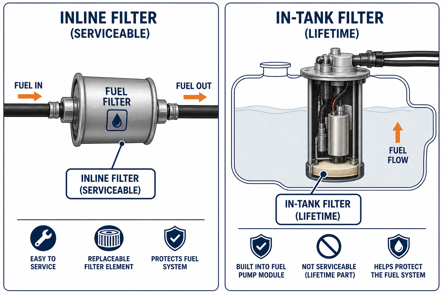 Comparison diagram between an inline fuel filter and an in-tank fuel filter