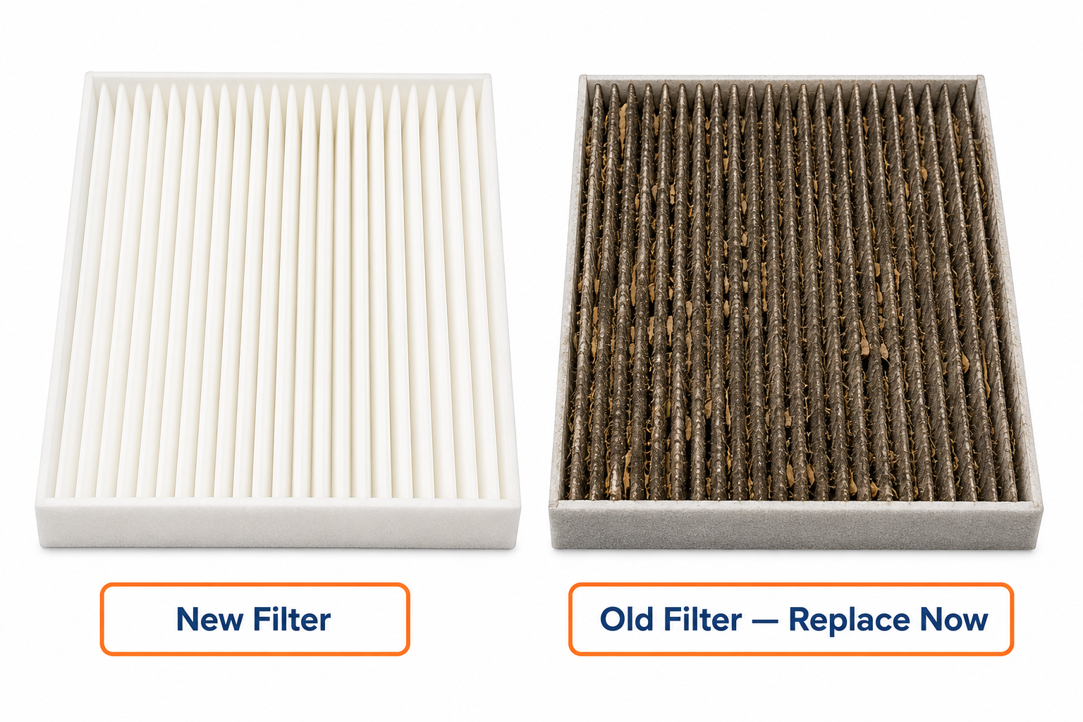 Comparison of a new filter and an old dirty filter to show why you should replace or clean a cabin air filter