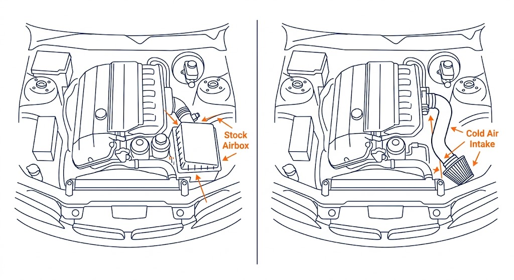 Comparison diagram of an engine bay with a stock airbox versus a cold air intake