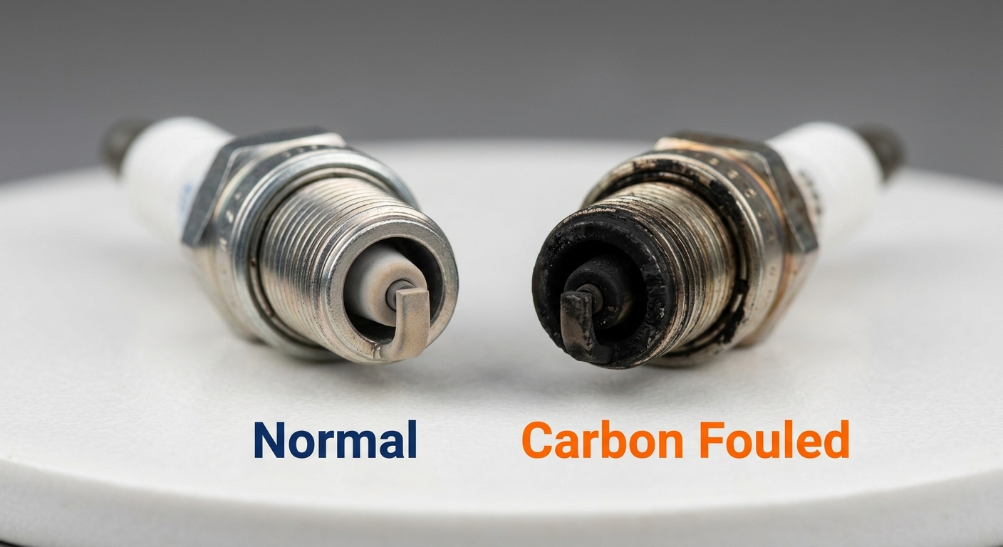 Comparison between a normal spark plug and a carbon-fouled spark plug