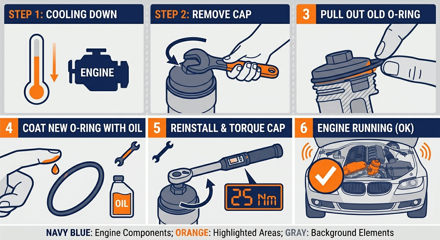 Six-step instructional diagram for replacing an engine oil filter O-ring