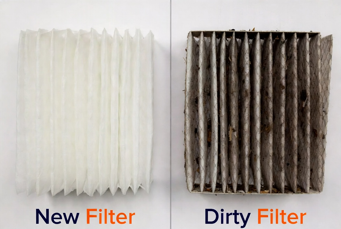 Side-by-side comparison of a clean new filter element and a clogged dirty filter