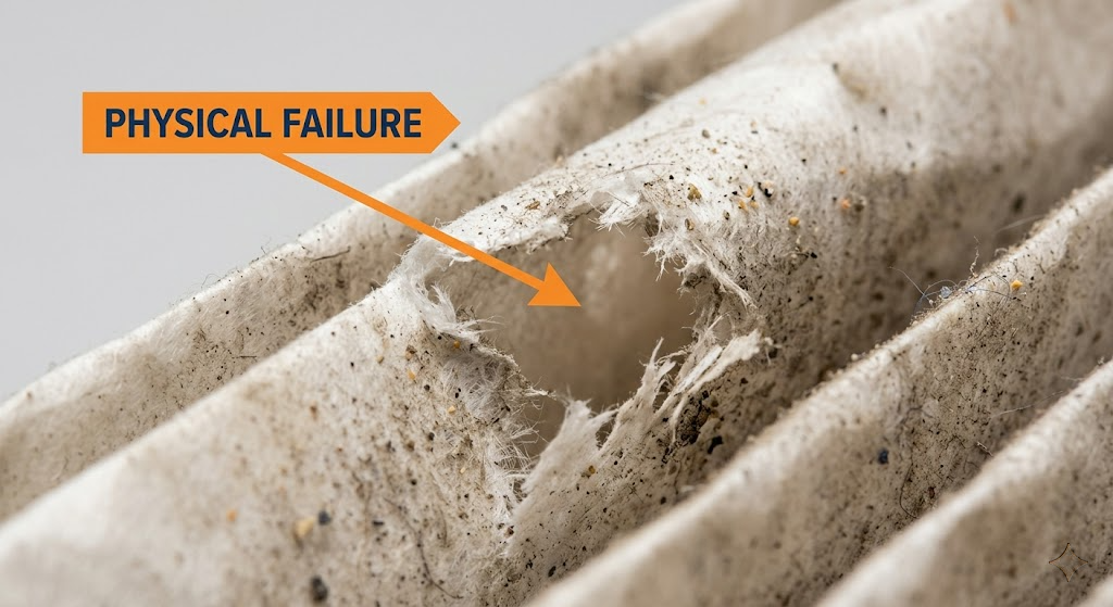 Close-up of an engine air filter showing physical failure with a torn hole