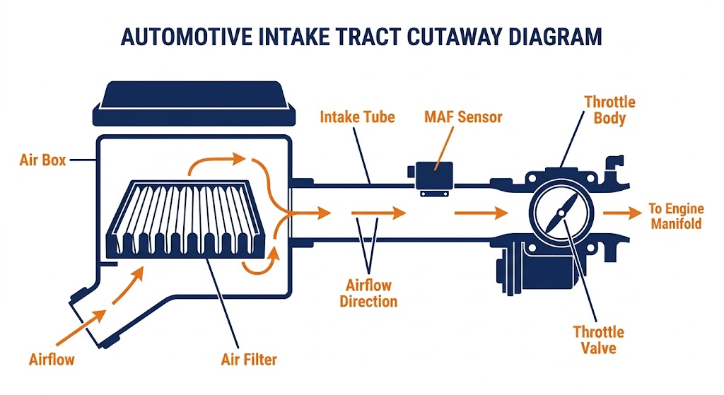Automotive intake tract cutaway diagram showing airflow direction through an engine air filter