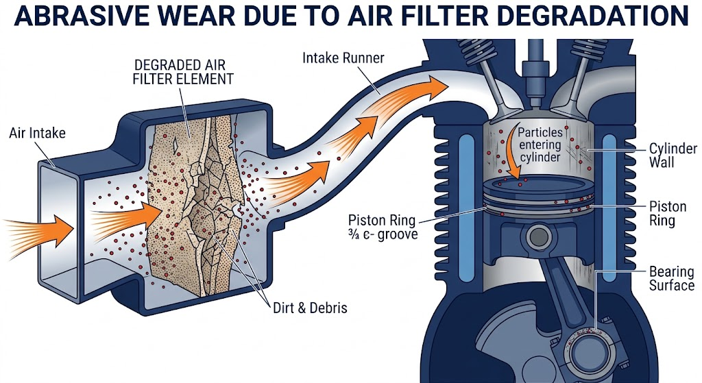 Illustration of abrasive engine wear caused by debris passing through a broken air filter