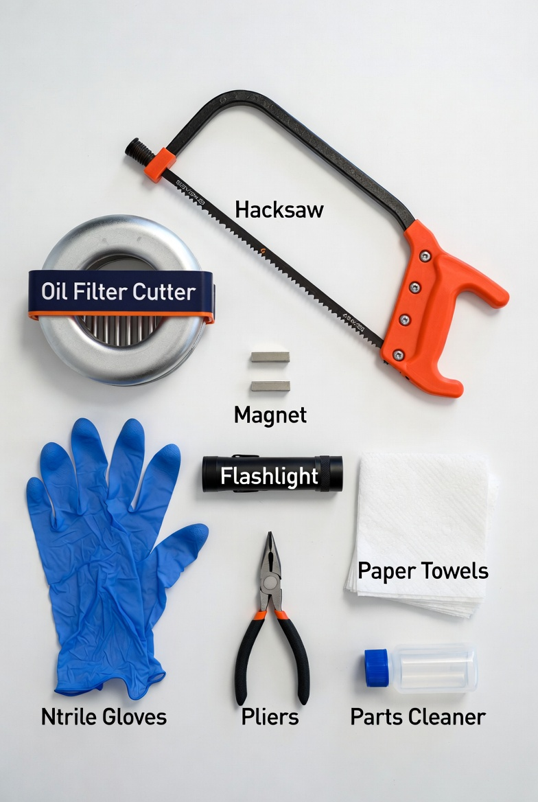 An overhead view of labeled tools, including a hacksaw, oil filter cutter, gloves, and pliers.