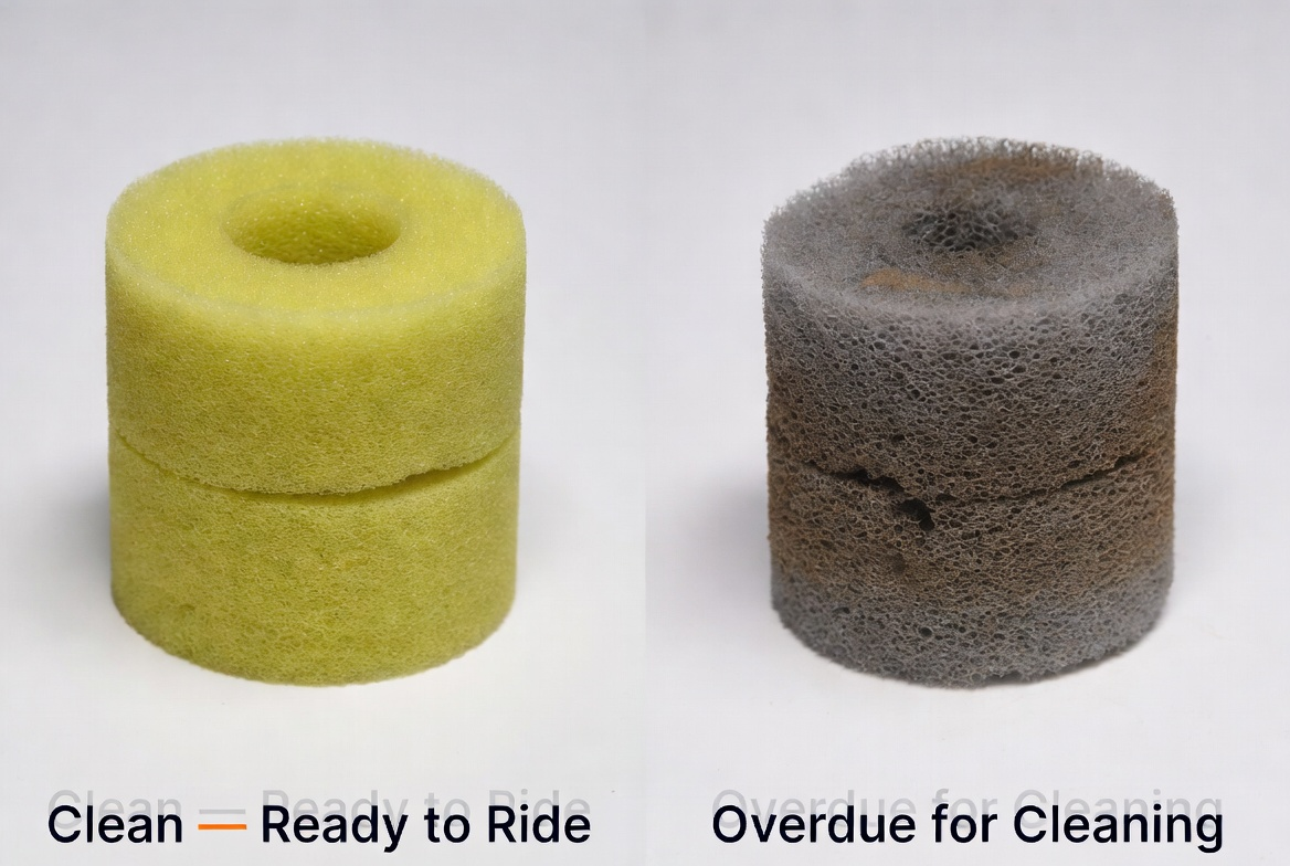 Side-by-side comparison of a clean foam filter element and a dirty, clogged one
