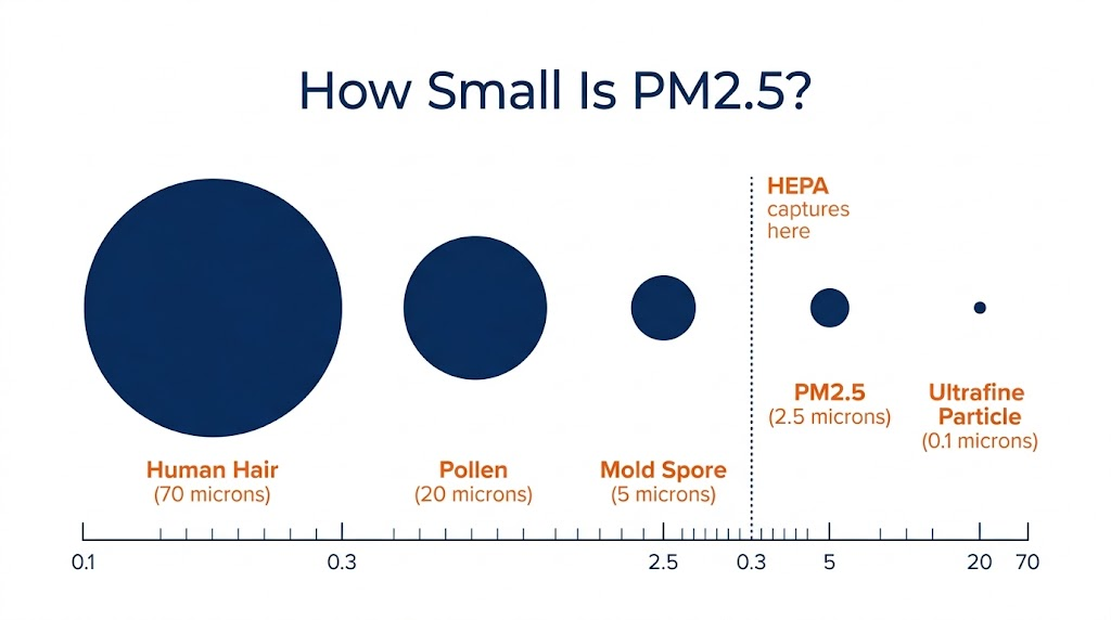 Size comparison chart showing how small PM2.5 particles are in microns