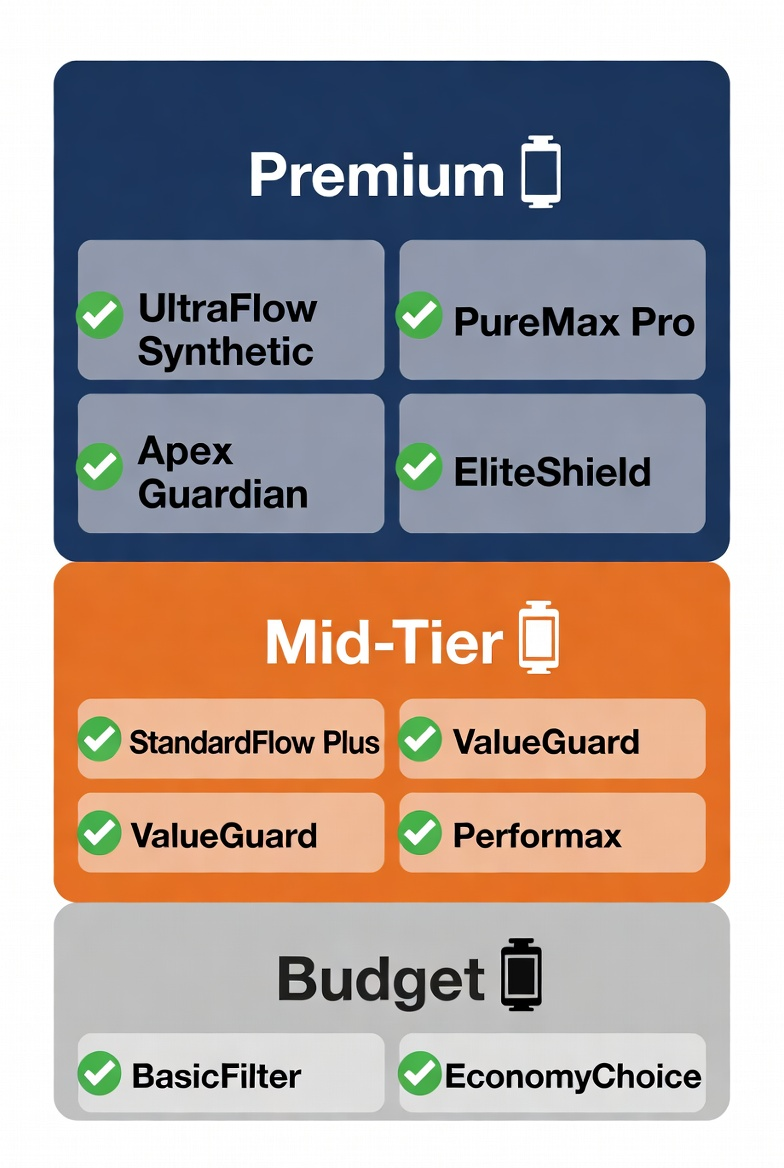 Chart categorizing oil filter types into premium, mid-tier, and budget options