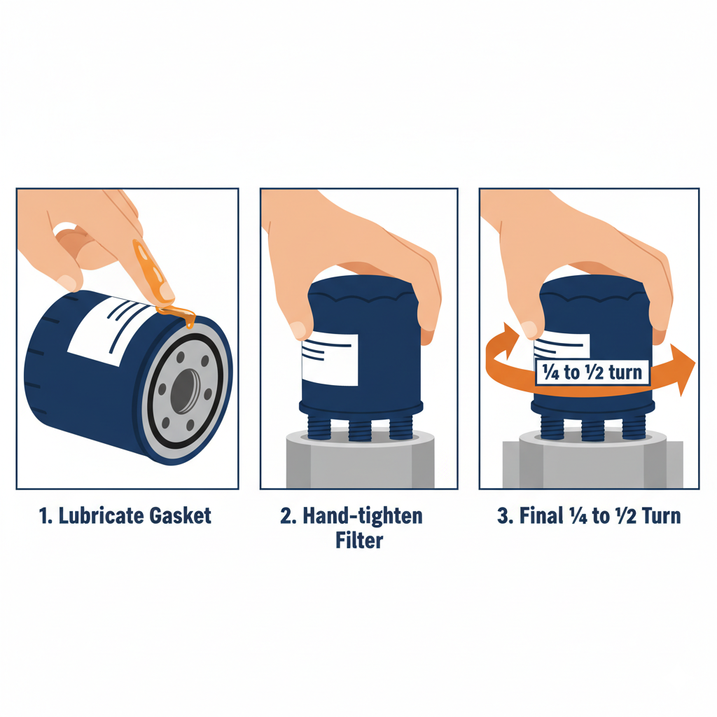Three-step diagram showing how to install a new oil filter: 1. Lubricate gasket, 2. Hand-tighten filter, 3. Final 1/4 to 1/2 turn.