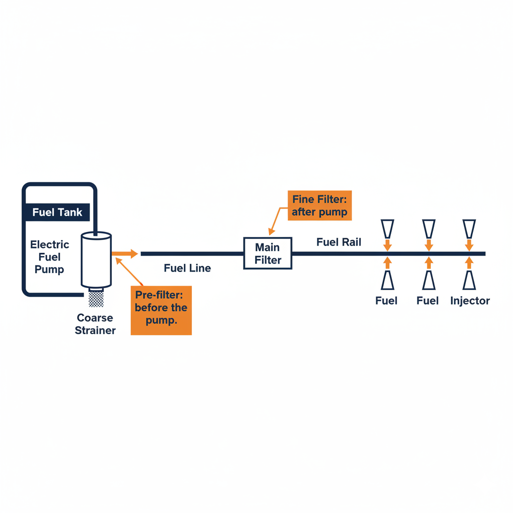 Fuel filter system diagram with fuel pump and injector flow.