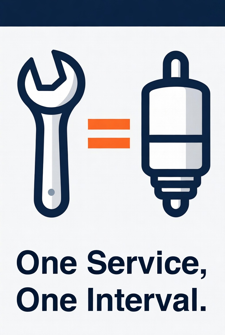 Icon of a wrench equal to an oil filter with the text "One Service, One Interval