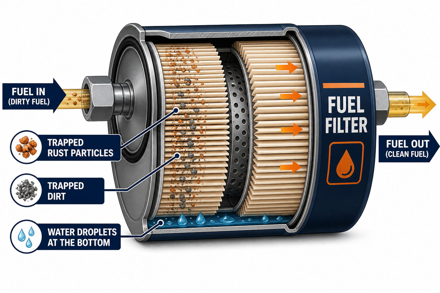 Cross-section diagram of a fuel filter trapping dirt, rust, and water