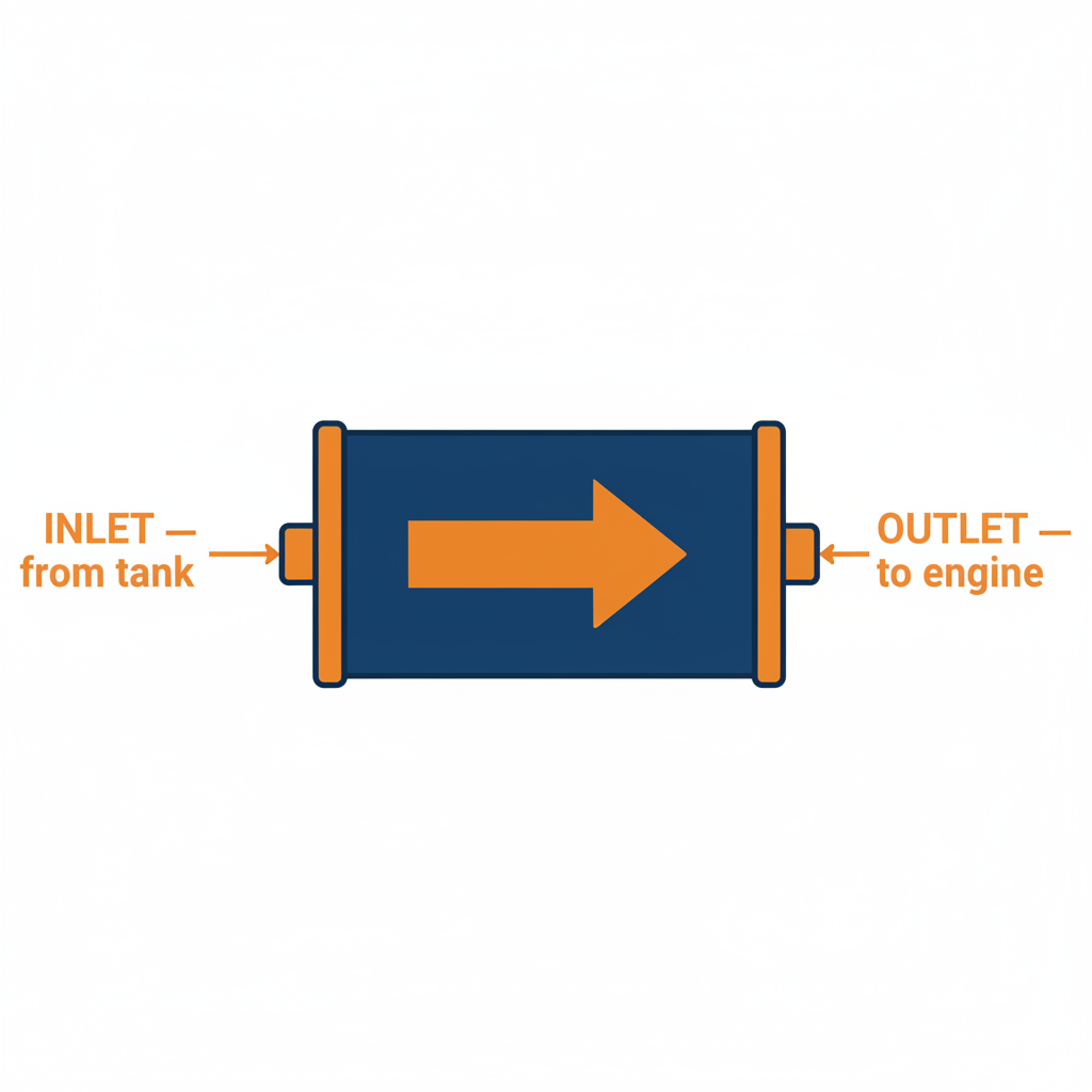 Diagram showing the flow direction of an inline fuel filter, from the tank inlet to the engine outlet.