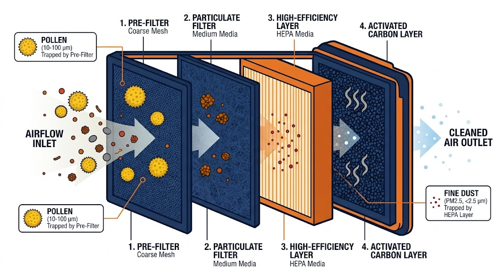 Diagram showing the four stages of a multi-layer cabin air filter