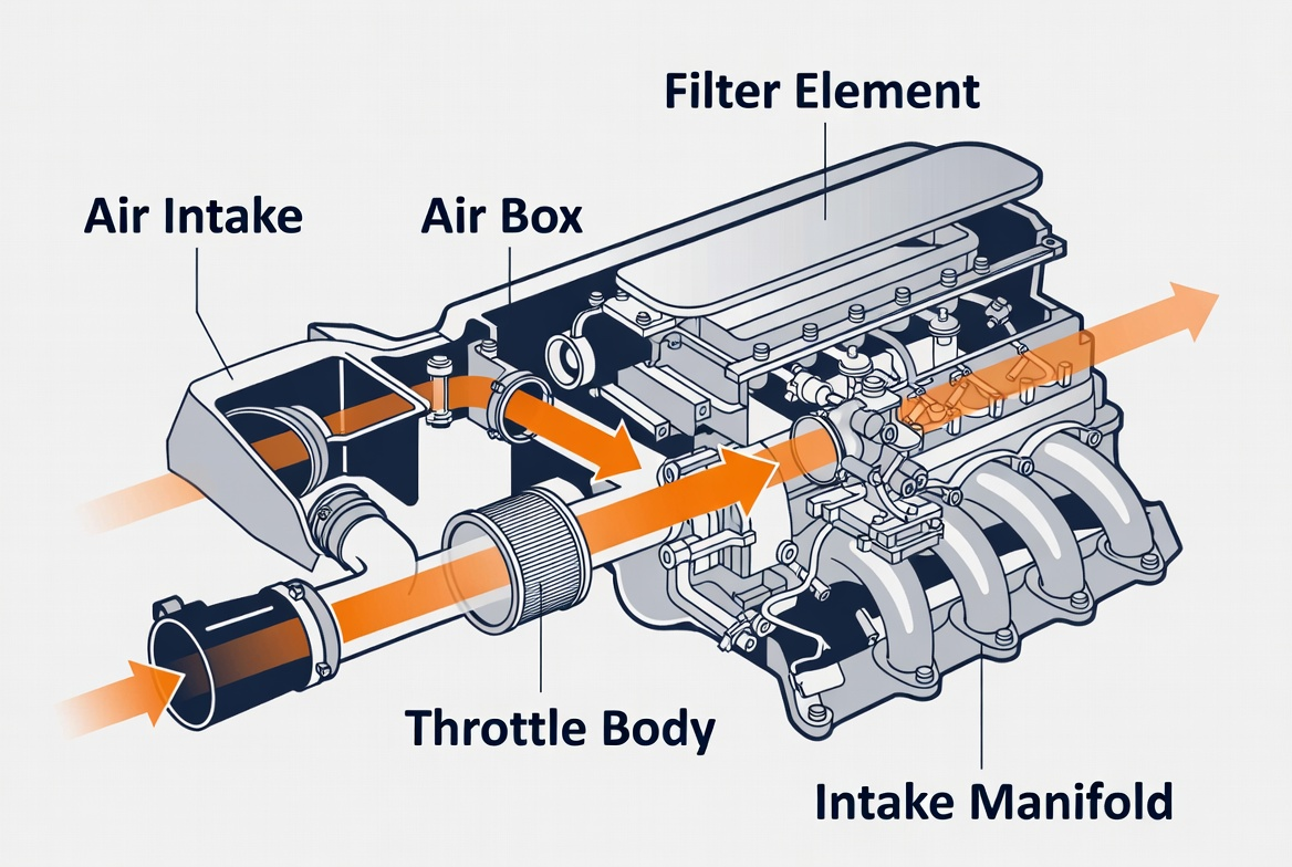 Engine diagram showing airflow passing through the air intake, air box, and throttle body