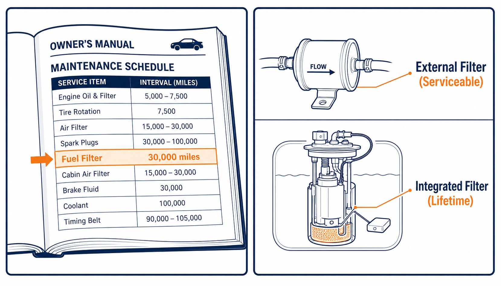 Maintenance schedule and diagrams comparing an external fuel filter with an integrated lifetime filter