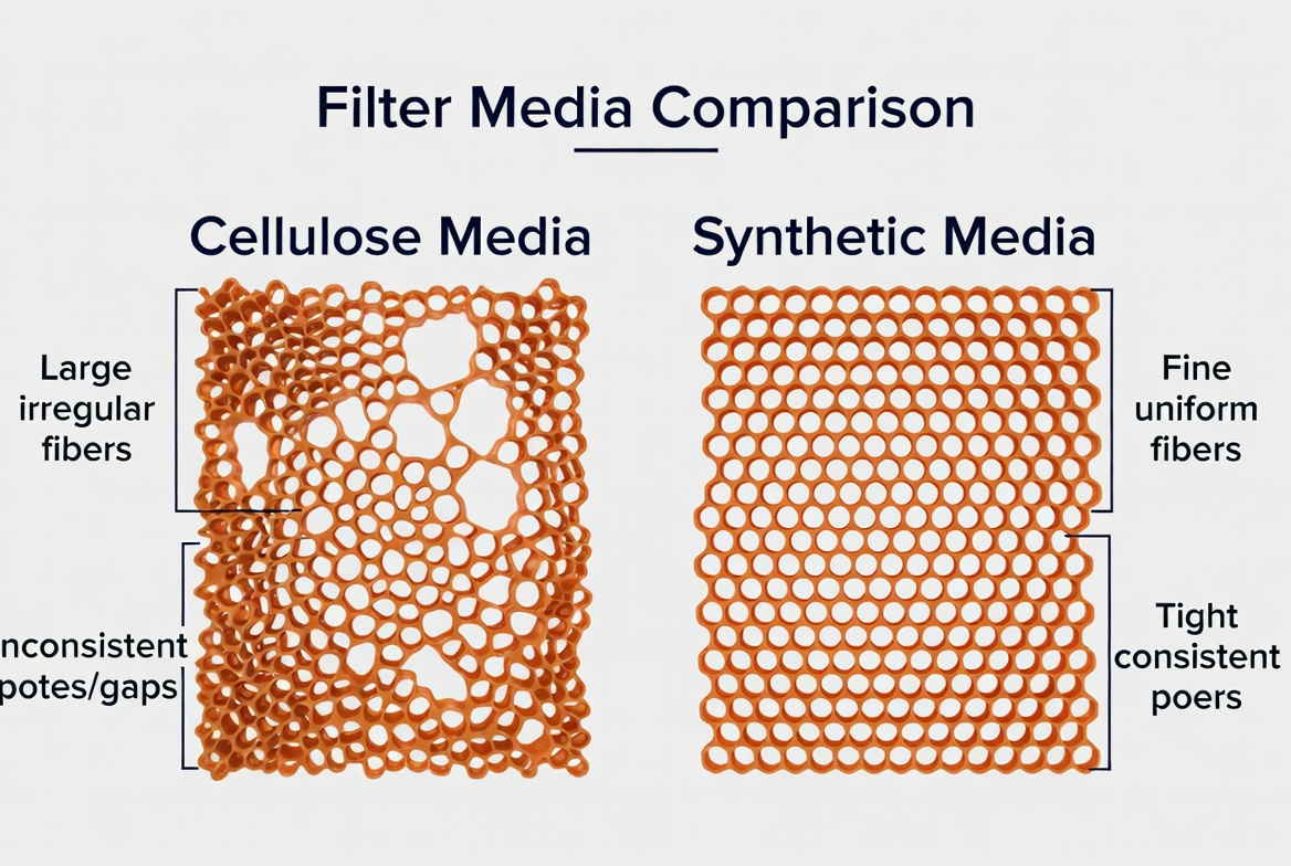 Diagram comparing irregular cellulose filter media with uniform synthetic filter media