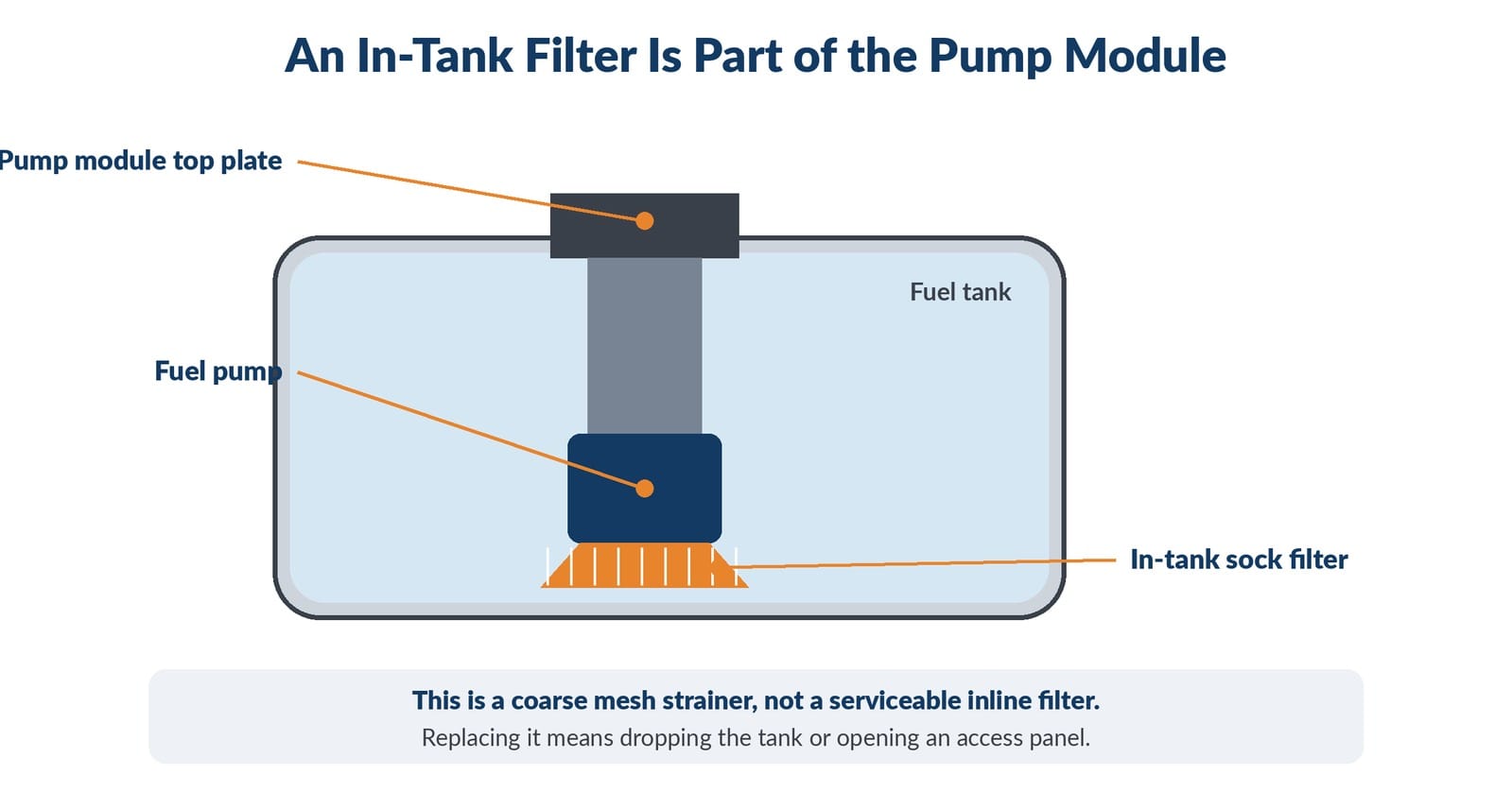 Fuel tank cutaway showing the in-tank sock filter on the pump module