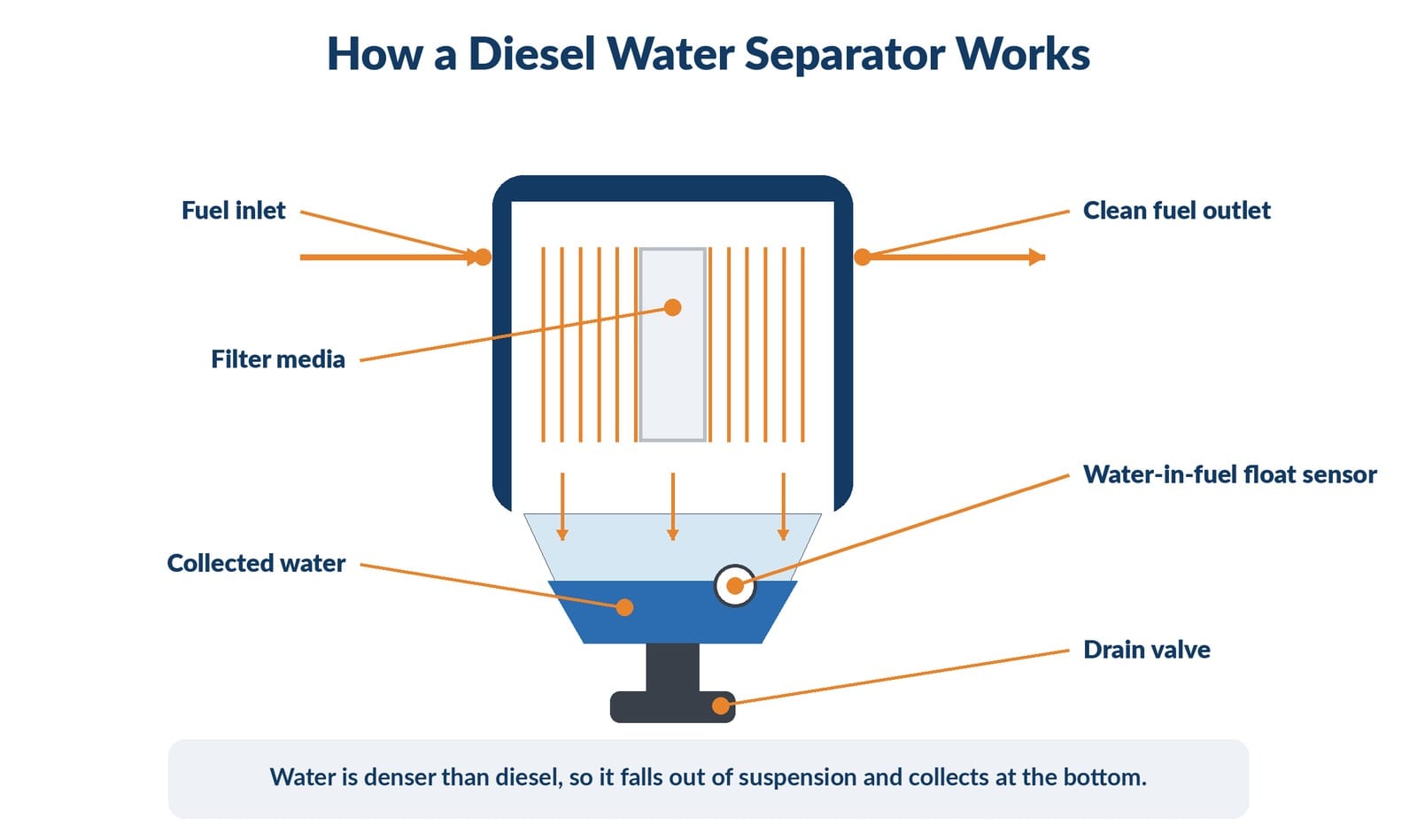 Cross-section diagram showing fuel entering the separator bowl, water dropping to the bottom, and clean fuel exiting upward