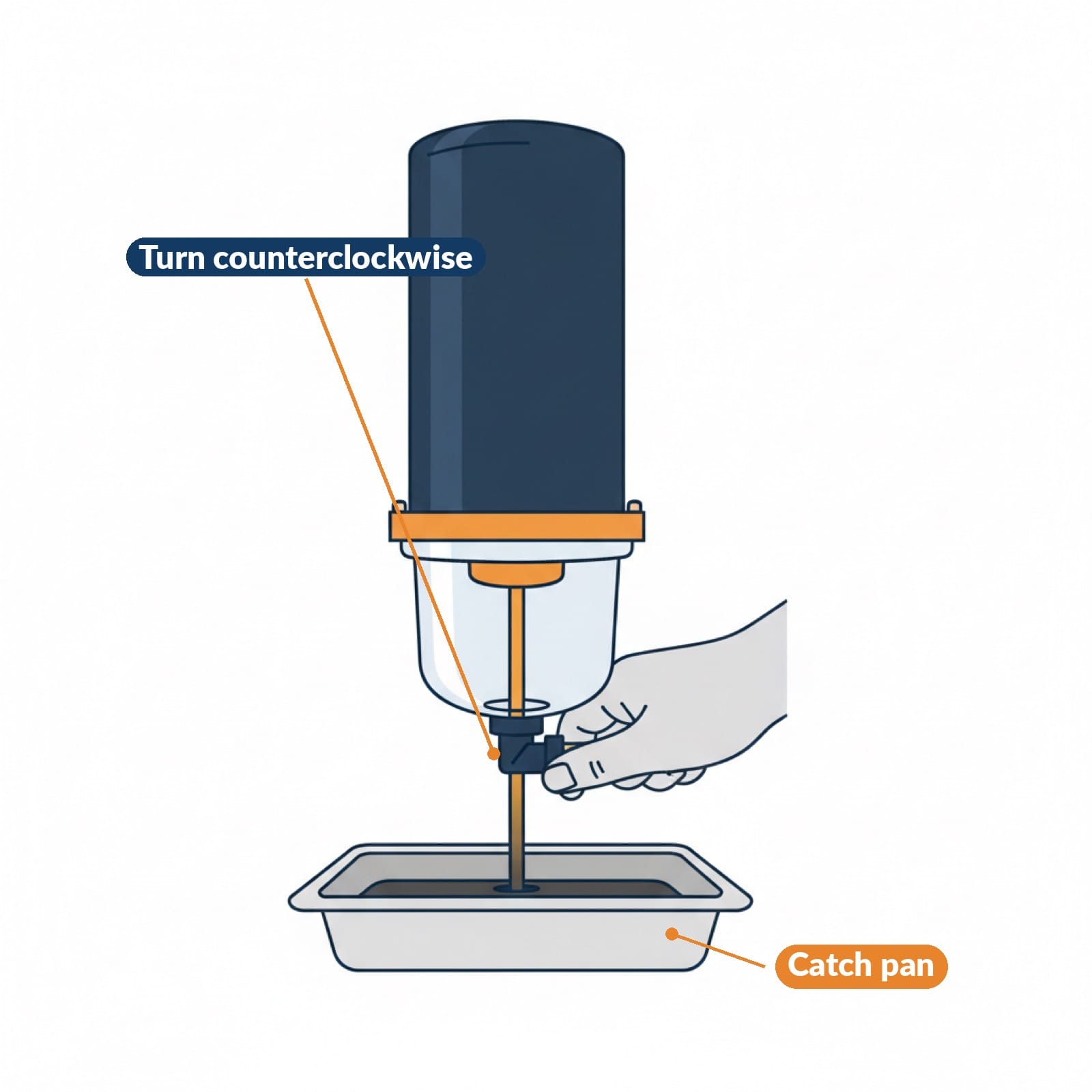 Close-up photo-style illustration of a hand-turn drain valve at the bottom of a diesel filter housing being turned counterclo