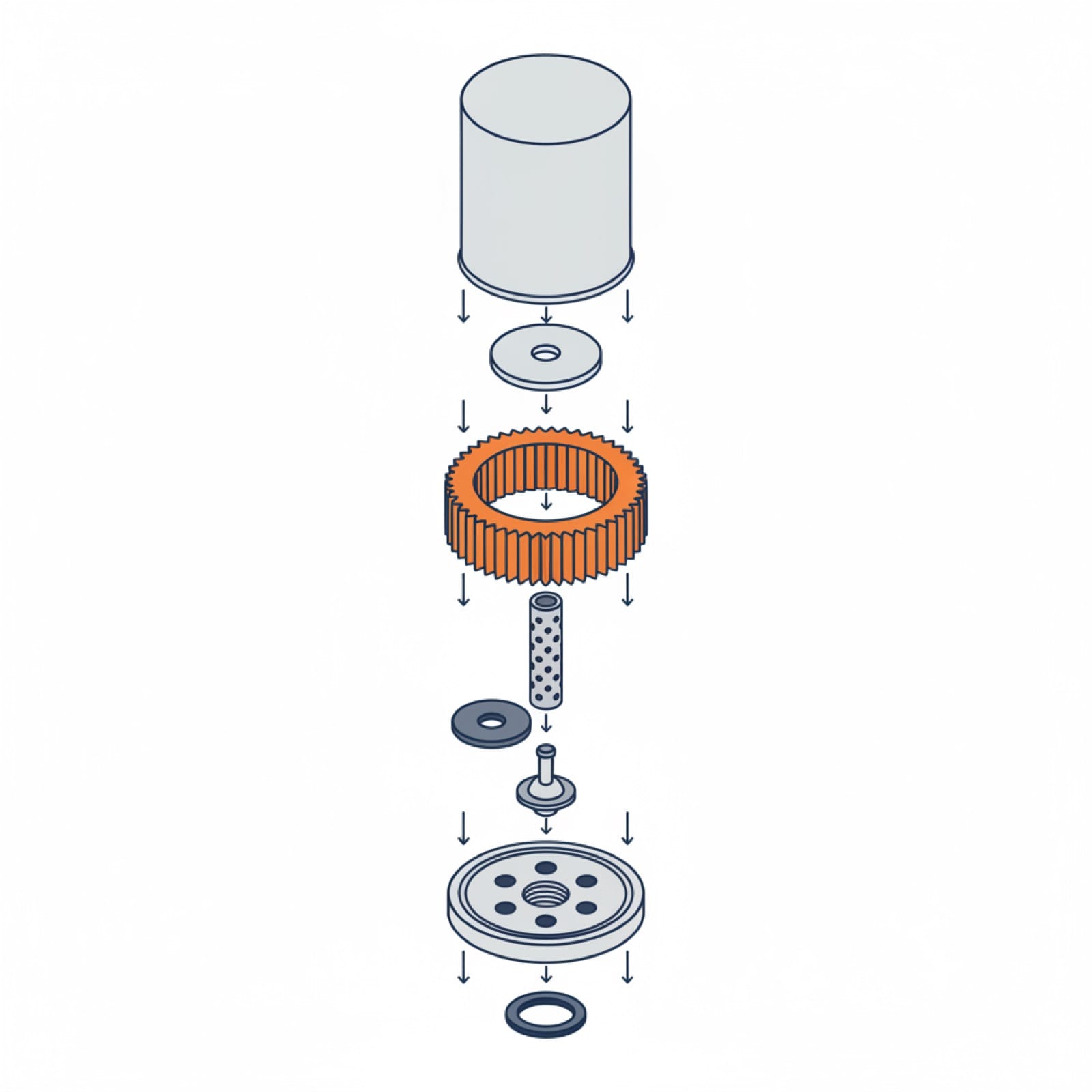 Exploded view of a spin-on filter with all eight internal components separated along a vertical axis