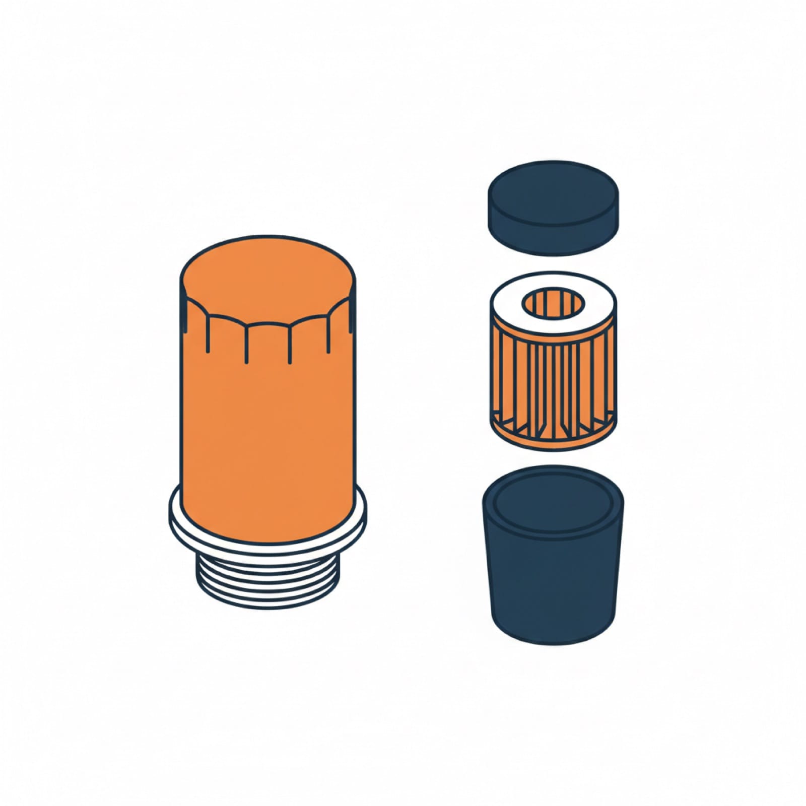 Side-by-side of a sealed spin-on canister and a cartridge element lifting out of its permanent housing