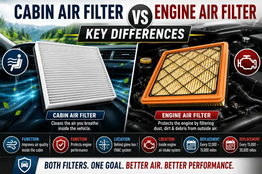 Infographic showing key differences between a cabin air filter vs engine air filter